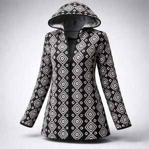 Wrangler Retro Womens XL Black White Geometric Knit Hooded Cardigan LWK736X